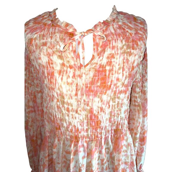 Rose + Olive Womens Small Orange & Pink Smocked Peplum Blouse Long Sleeve - Picture 5 of 10